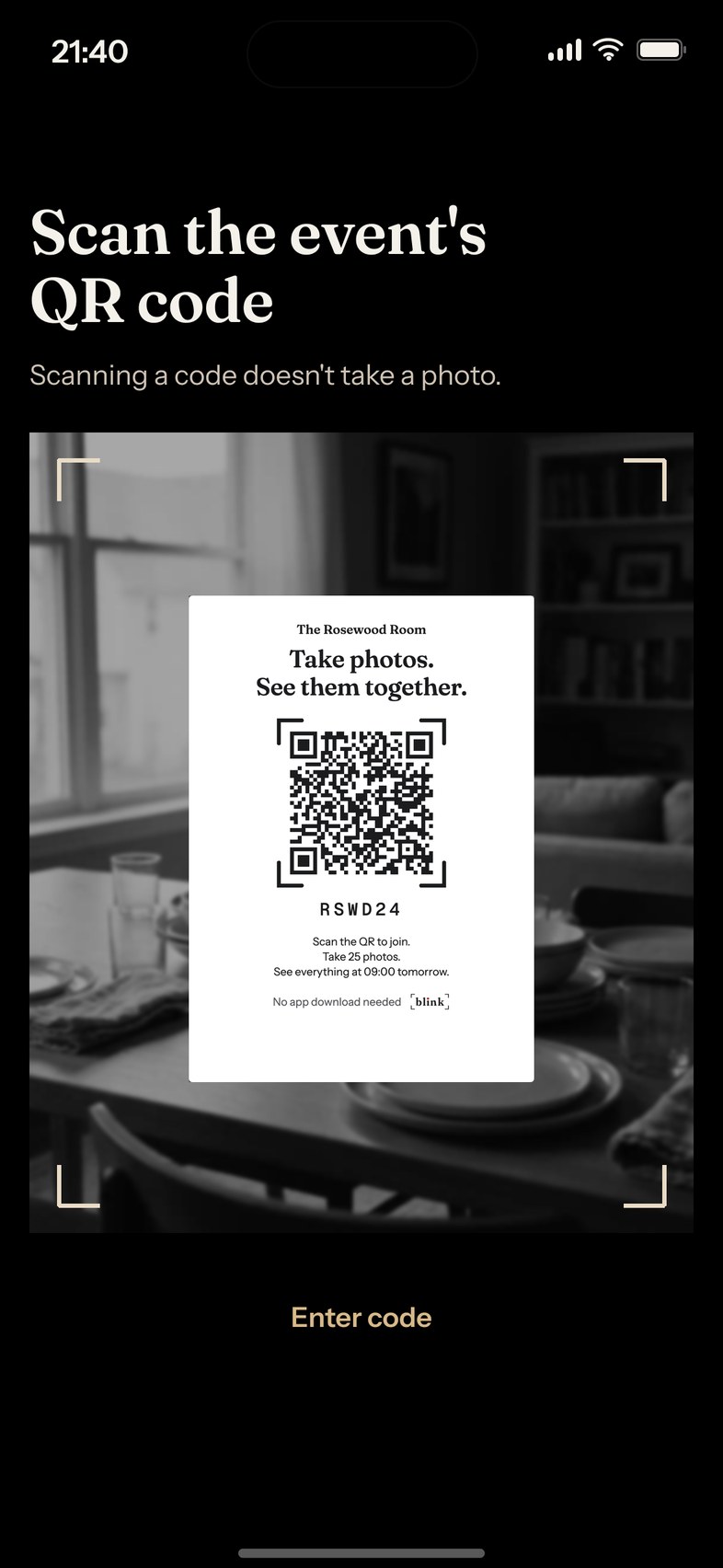 The Blink scanner pointed at the table card